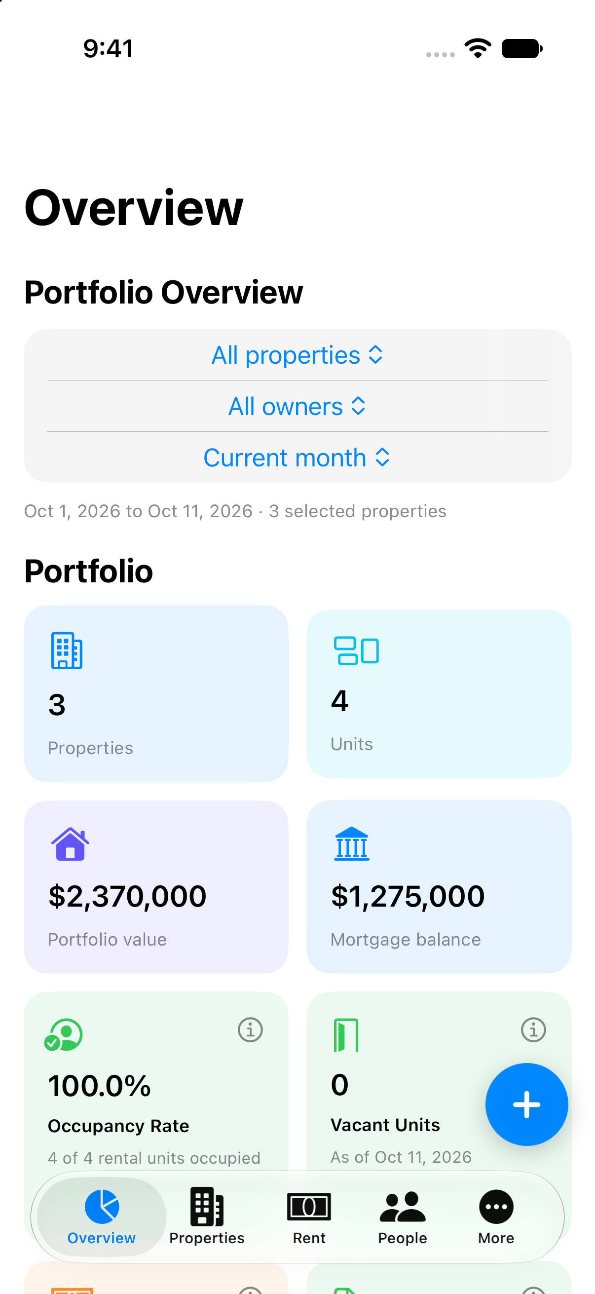 Portfolio Overview in Property Ledger Mobile, using fictional demonstration records