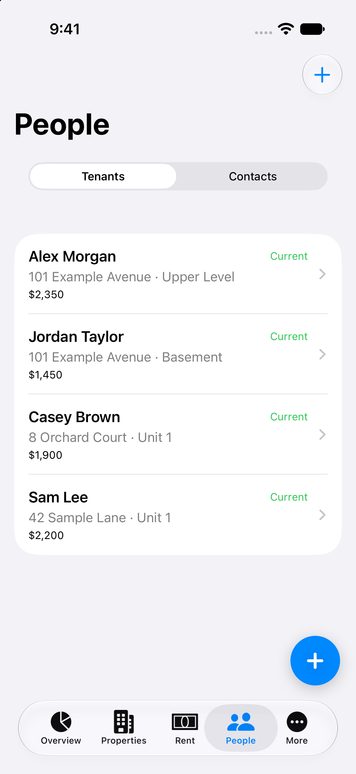 Tenants and contacts in Property Ledger Mobile, using fictional demonstration records